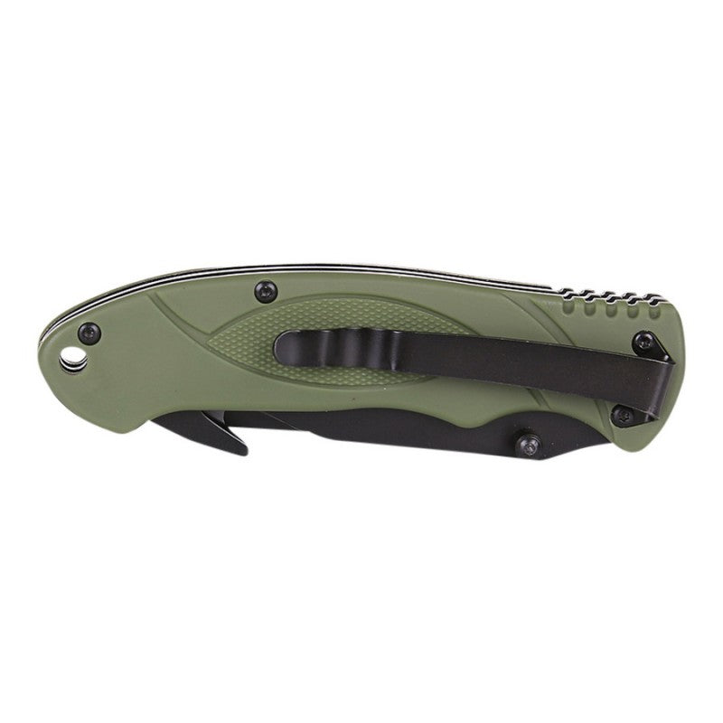 Navaja plegable BUSHCRAFT multifunción verde con hoja lisa, sierra de doble hilera y clip de bolsillo