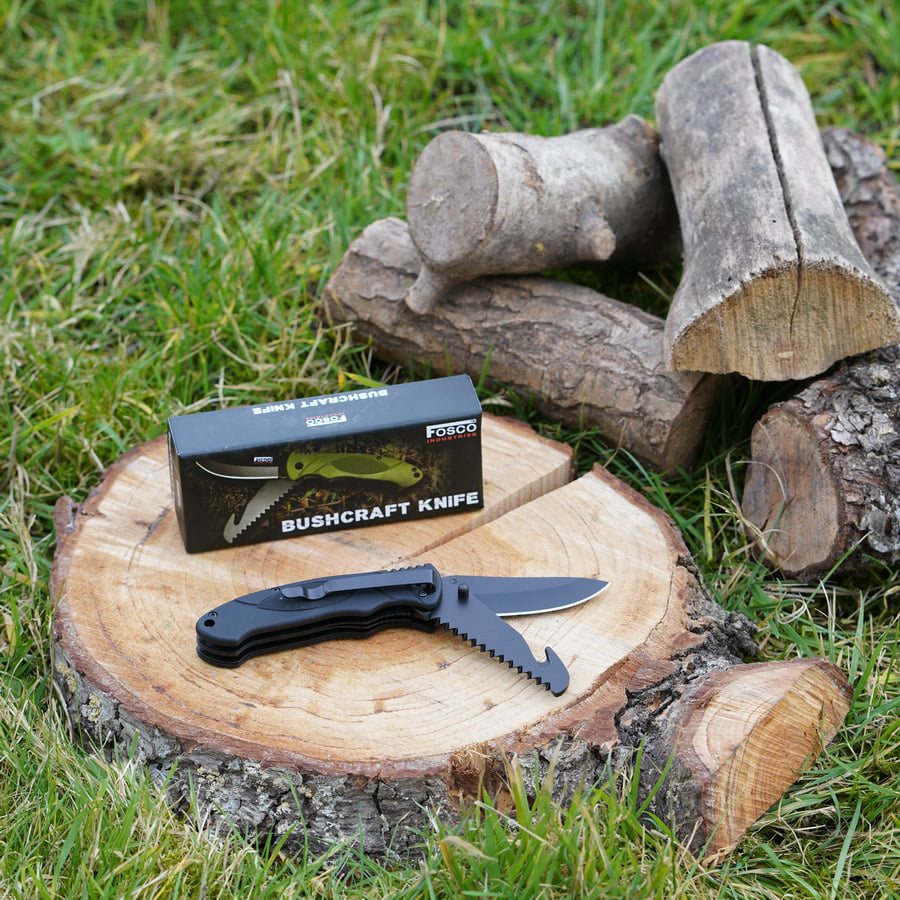 Navaja plegable BUSHCRAFT multifunción verde con hoja lisa, sierra de doble hilera y clip de bolsillo