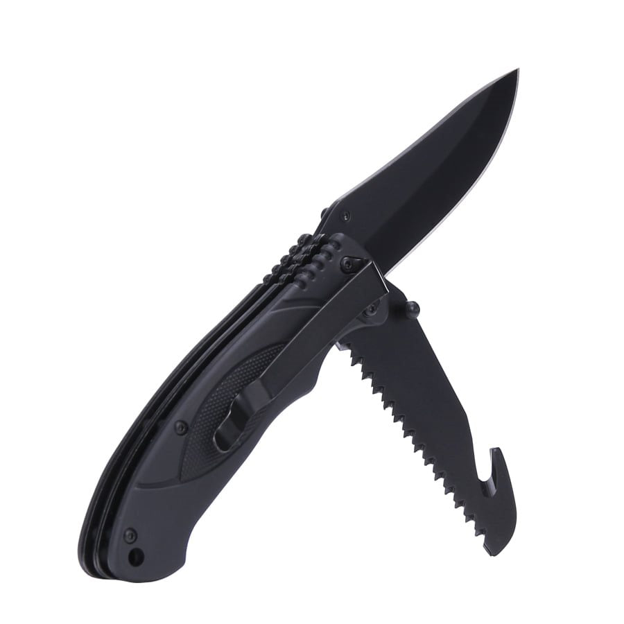 Navaja plegable BUSHCRAFT verde con hoja lisa, sierra de doble hilera y clip de bolsillo