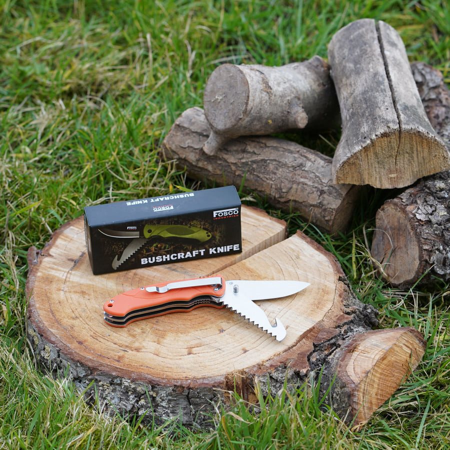 Navaja plegable BUSHCRAFT multifunción verde con hoja lisa, sierra de doble hilera y clip de bolsillo