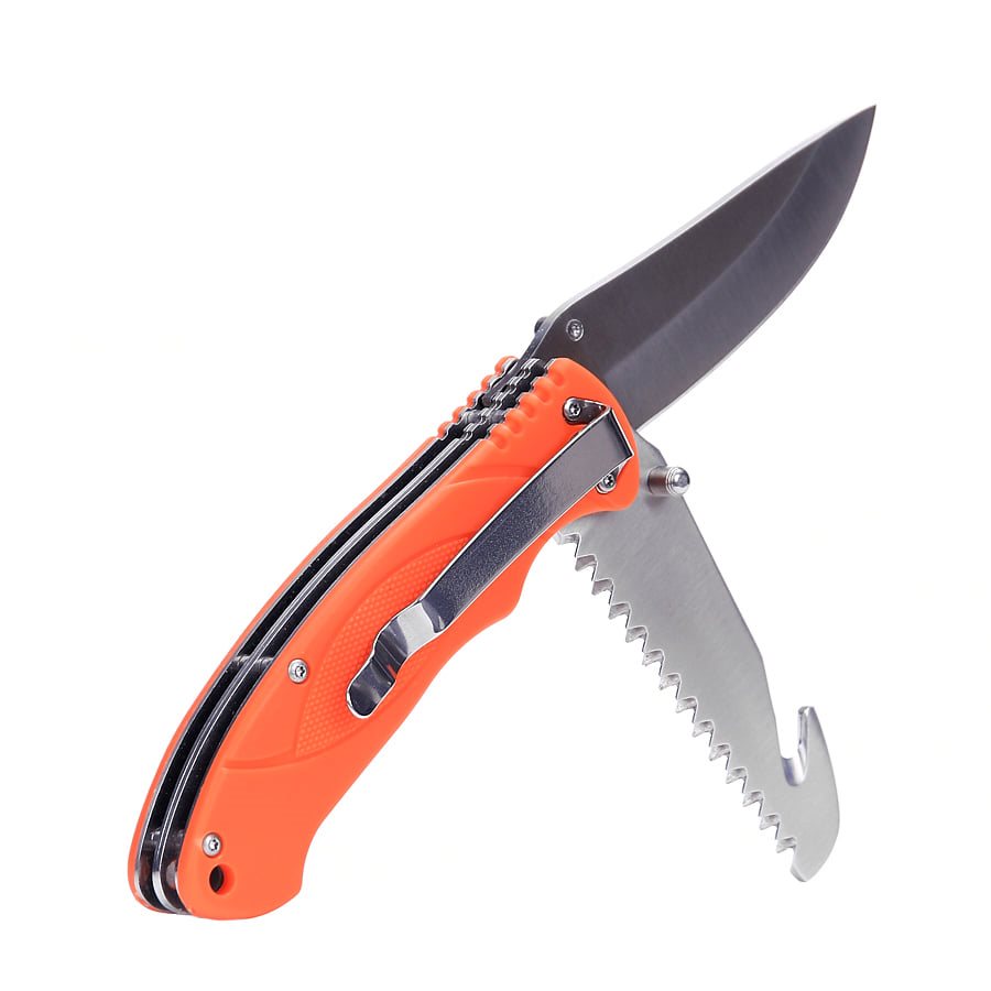 Navaja plegable BUSHCRAFT multifunción verde con hoja lisa, sierra de doble hilera y clip de bolsillo