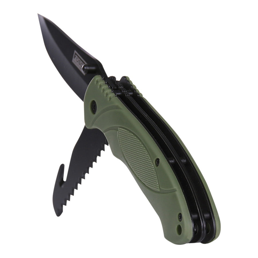 Navaja plegable BUSHCRAFT multifunción verde con hoja lisa, sierra de doble hilera y clip de bolsillo