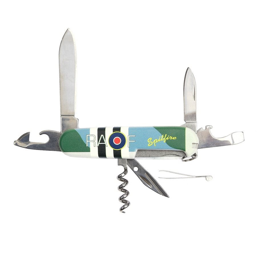 Navaja plegable SPITFITE WWII multifunción con herramientas integradas y anilla para llavero, cerrada 9 cm