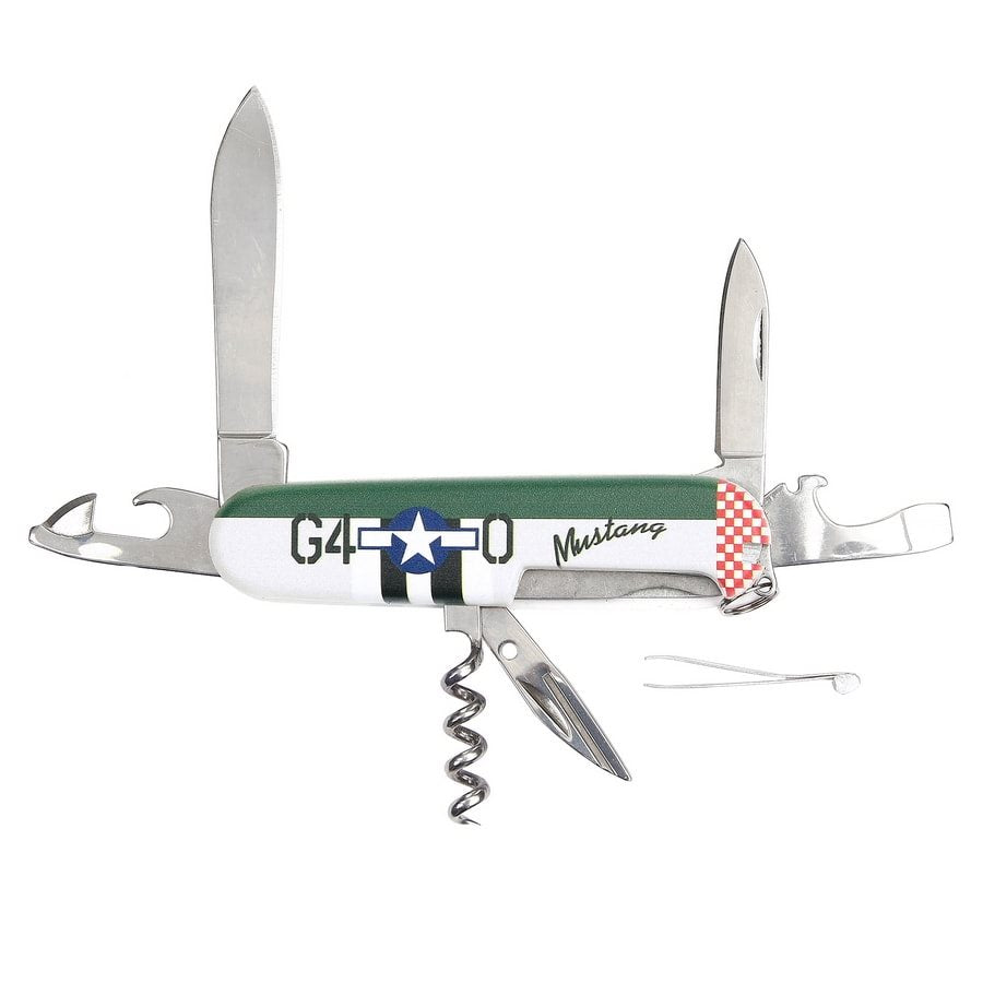 Navaja plegable P-51 Mustang WWII multifunción con abridores y herramientas, cerrada 9 cm