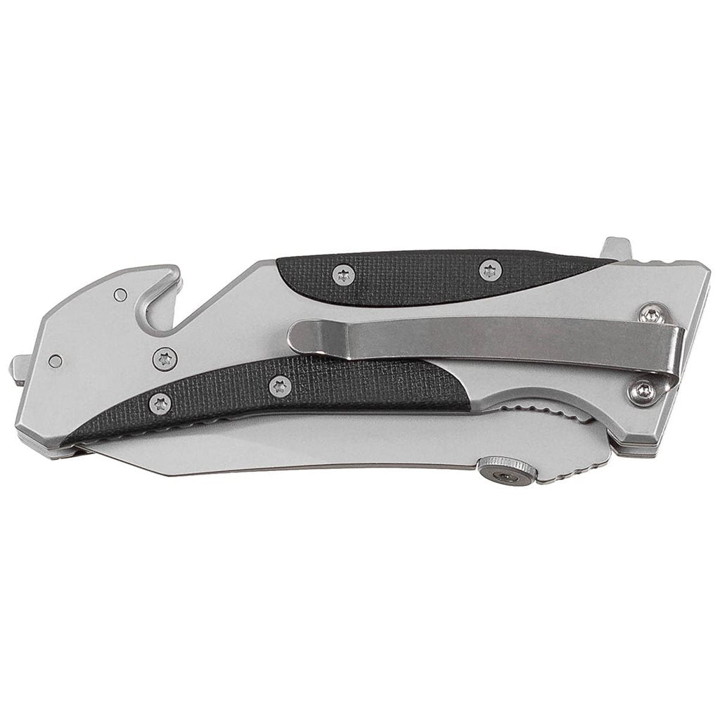 Navaja plegable plateada de acero inoxidable con clip, cortador de cinturones y rompecristales