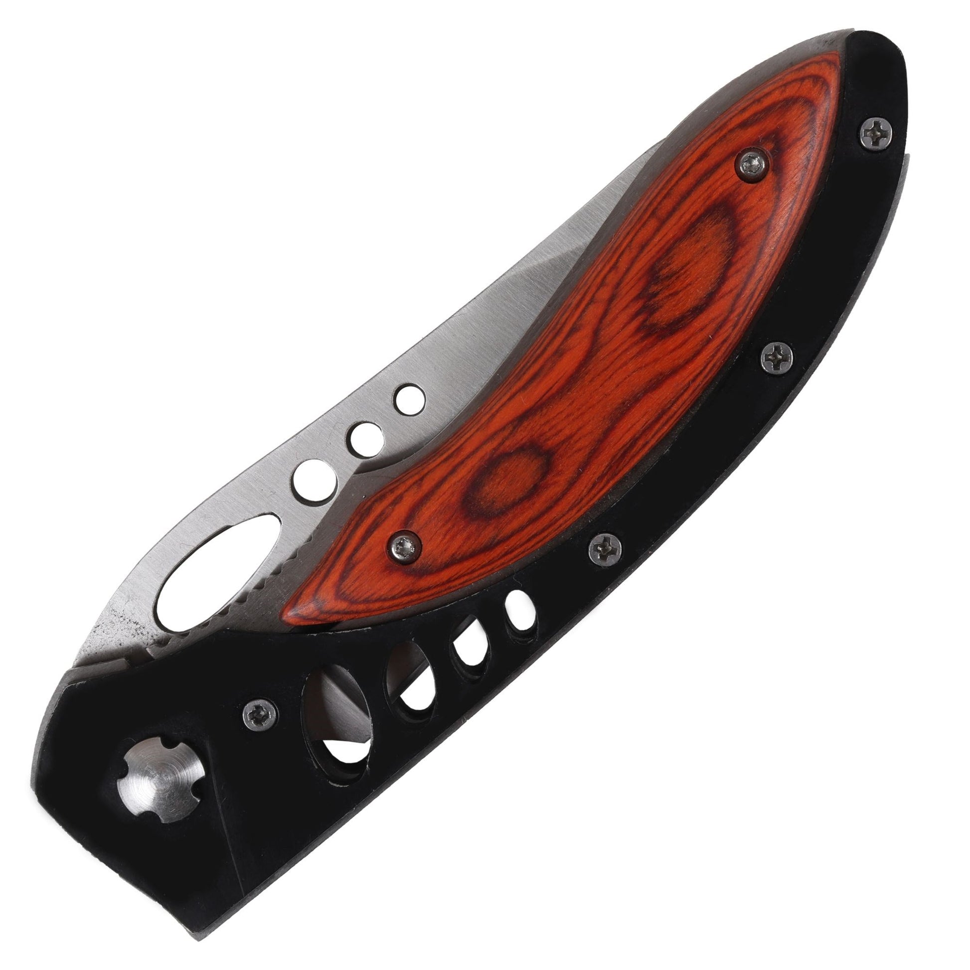 Navaja plegable acero inoxidable 22,5x9,5 cm con hoja perforada y mango de madera negro