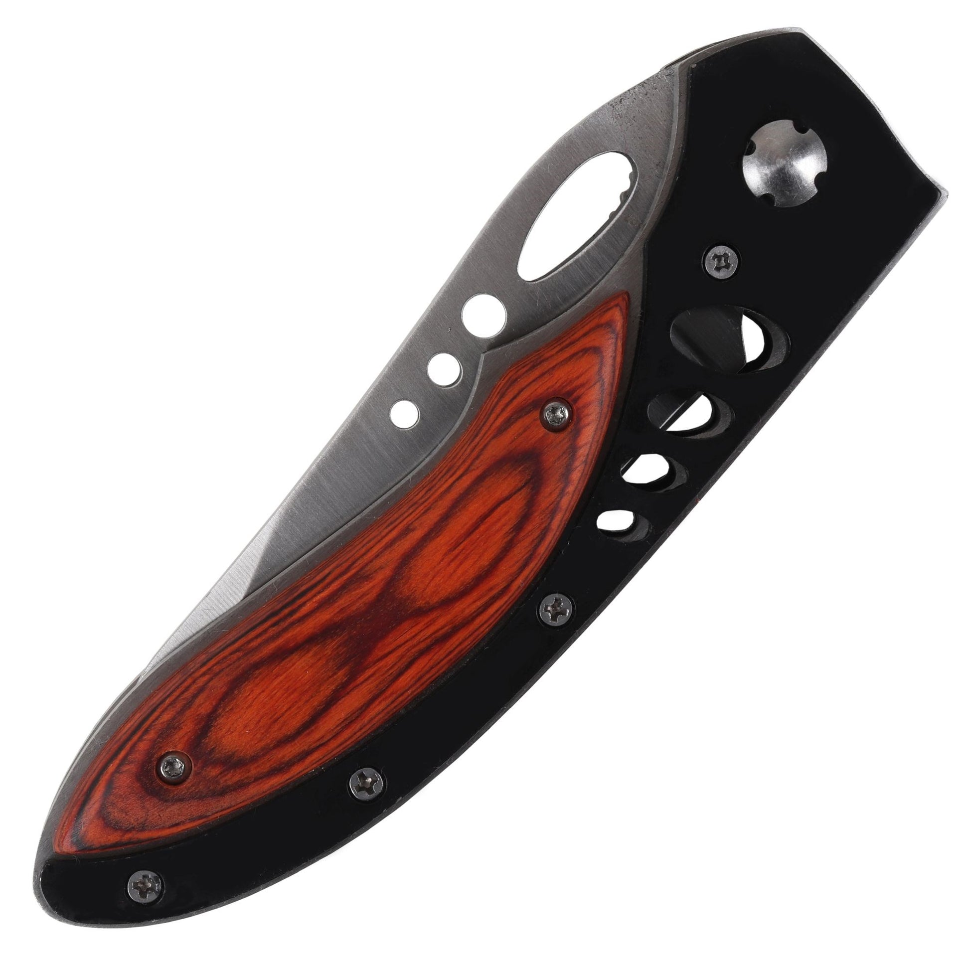 Navaja plegable acero inoxidable 22,5x9,5 cm con hoja perforada y mango de madera negro