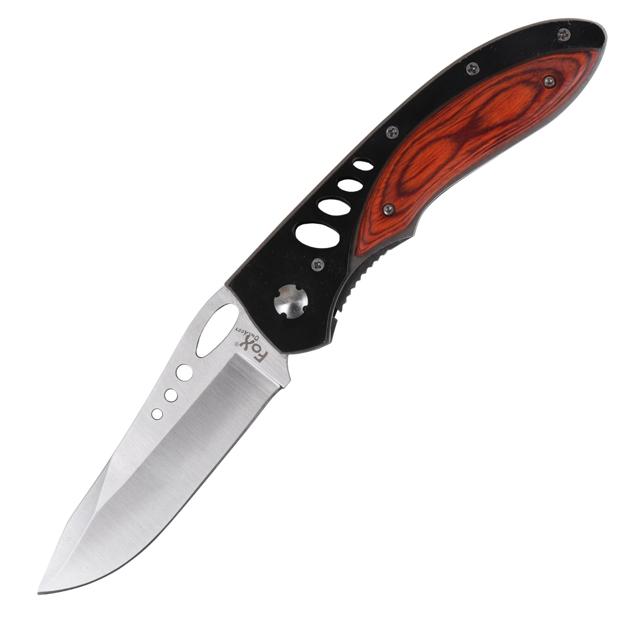 Navaja plegable acero inoxidable 22,5x9,5 cm con hoja perforada y mango de madera negro