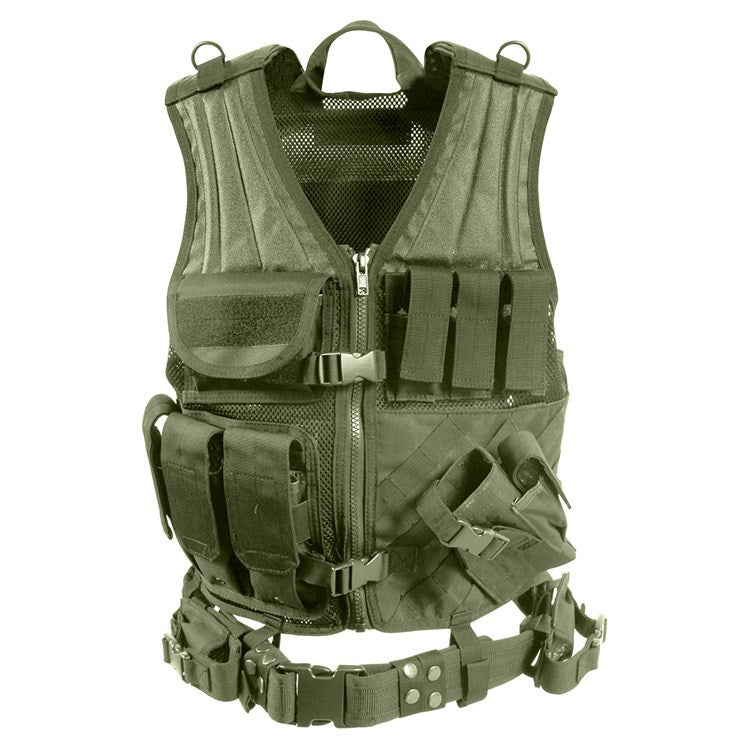 Chaleco táctico CROSS DRAW MOLLE mostrado frontalmente con sistema MOLLE y bolsillos