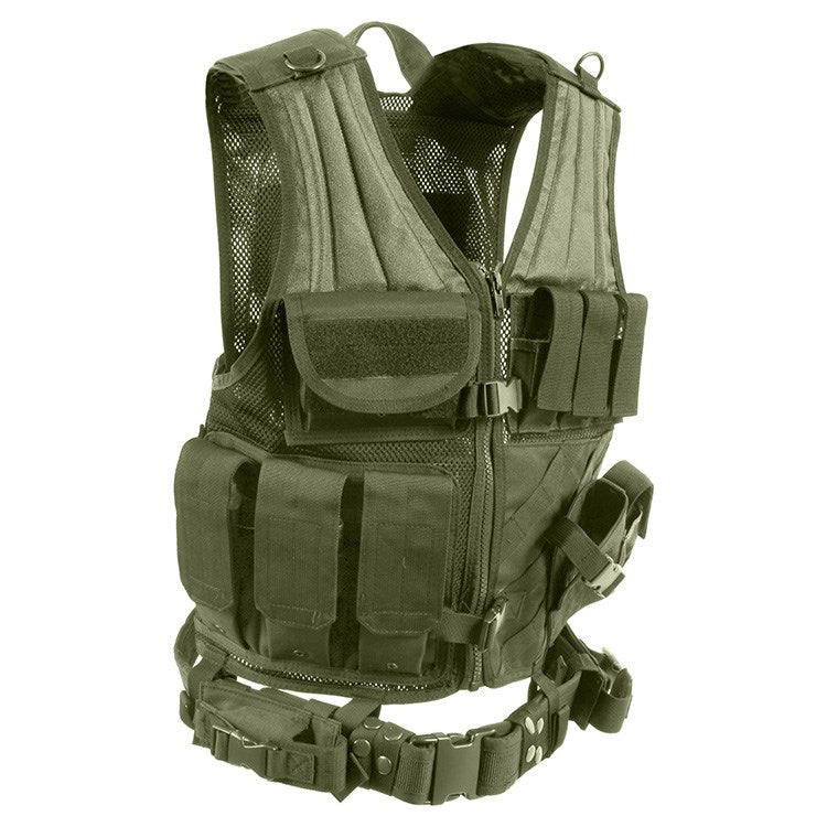 Imagen del chaleco táctico CROSS DRAW MOLLE verde talla grande mostrando sistema MOLLE en panel frontal