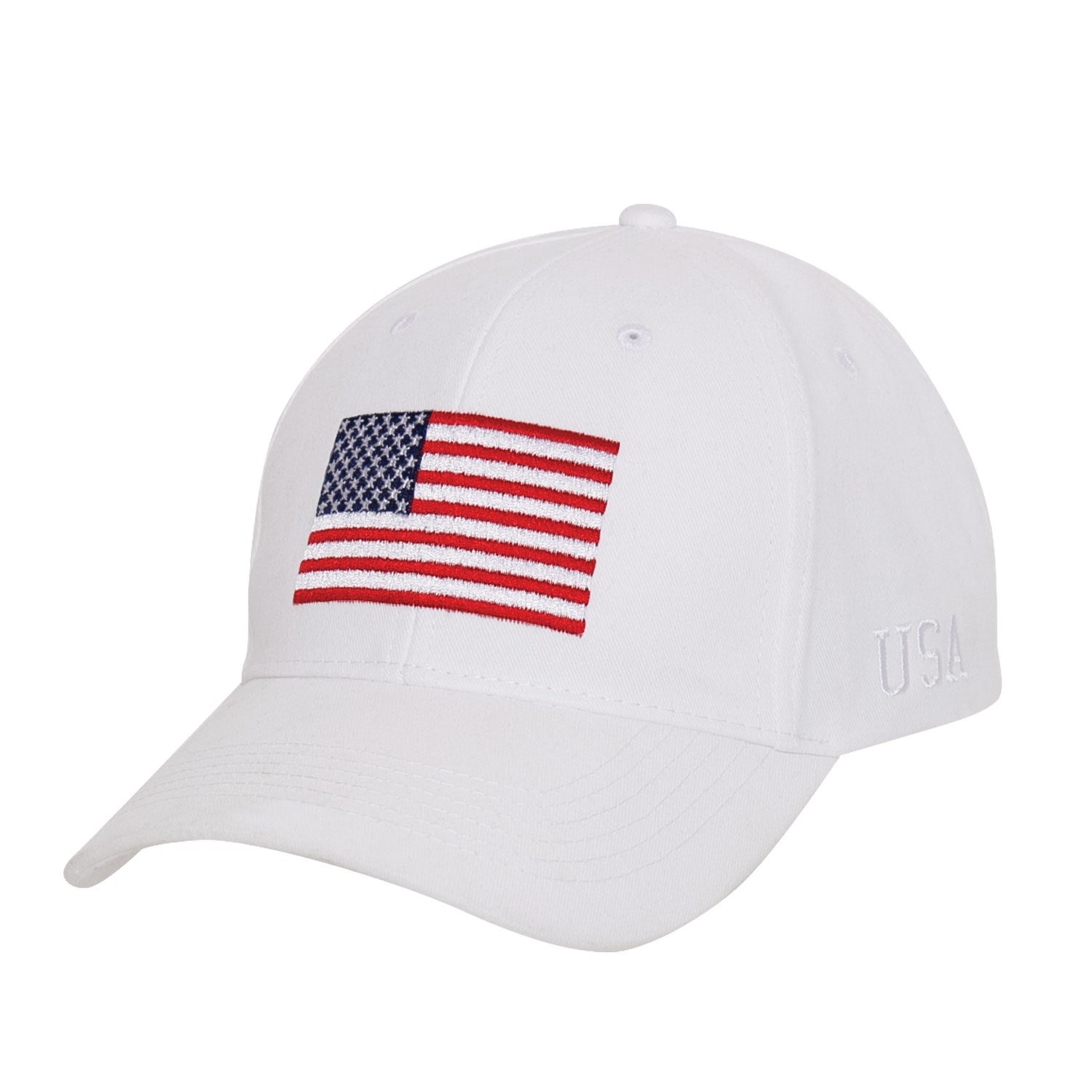 Gorra béisbol blanca con bandera USA bordada y texto USA en el lateral
