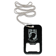 Colgante DOG TAG negro con abrebotellas y logo POW/MIA en blanco, con cadena plateada
