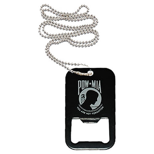 Colgante DOG TAG negro con abrebotellas y logo POW/MIA en blanco, con cadena plateada
