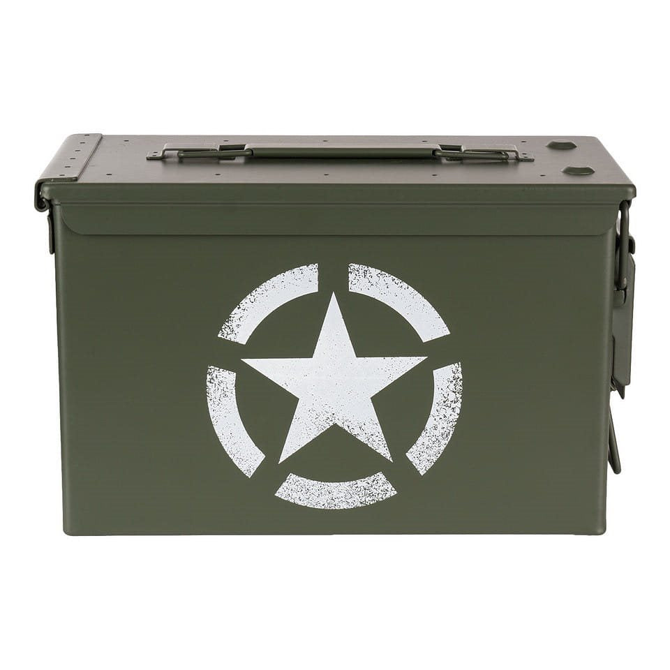 Caja de munición CAL.50 verde con estrella aliada, acero, 30,2 x 15,4 x 18,7 cm