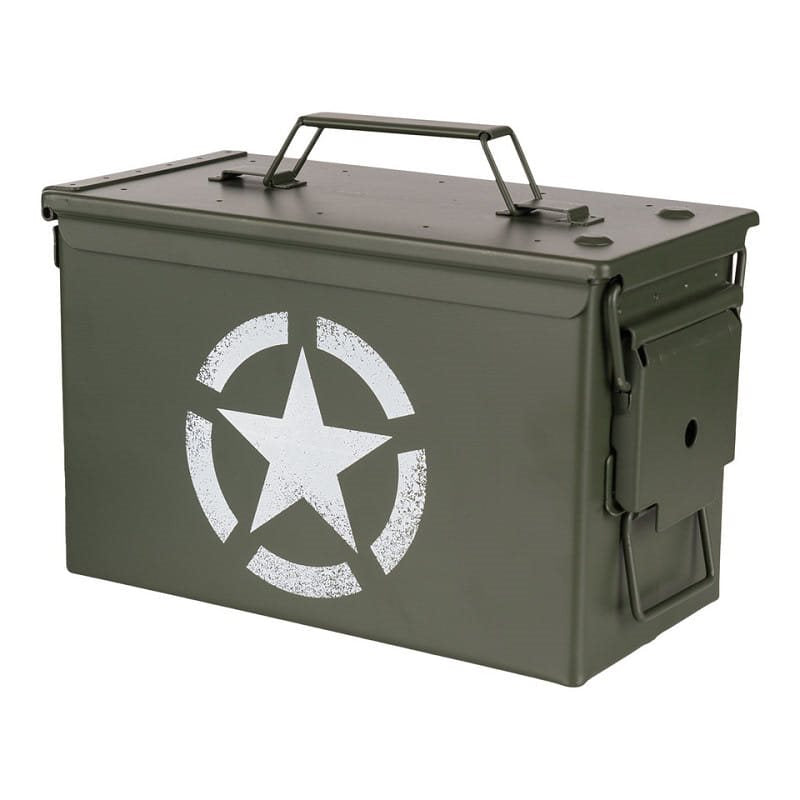 Caja de munición CAL.50 verde con estrella aliada, acero, 30,2 x 15,4 x 18,7 cm
