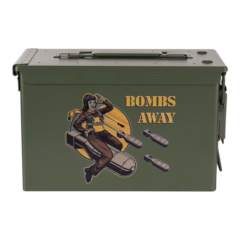 Caja de munición CAL.50 Bombs Away verde con estampado, construcción en acero, 30,2×15,4×18,7 cm