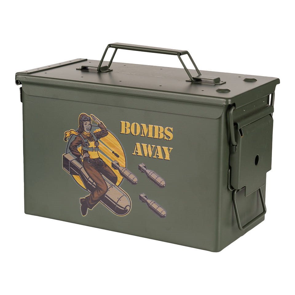 Caja de munición CAL.50 Bombs Away verde con estampado, construcción en acero, 30,2×15,4×18,7 cm