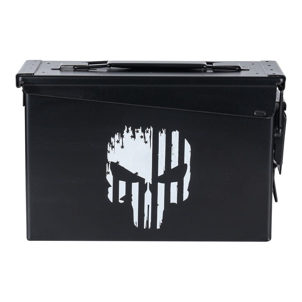 Caja de munición CAL.30 PUNISHER negra, caja metálica de acero con estampado frontal