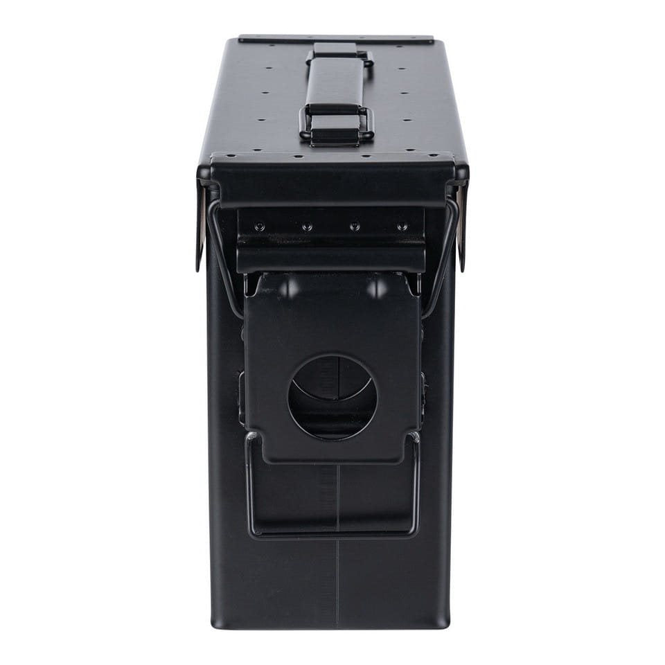 Caja de munición CAL.30 PUNISHER negra, caja metálica de acero con estampado frontal
