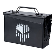 Caja de munición CAL.30 PUNISHER negra, caja metálica de acero con estampado frontal