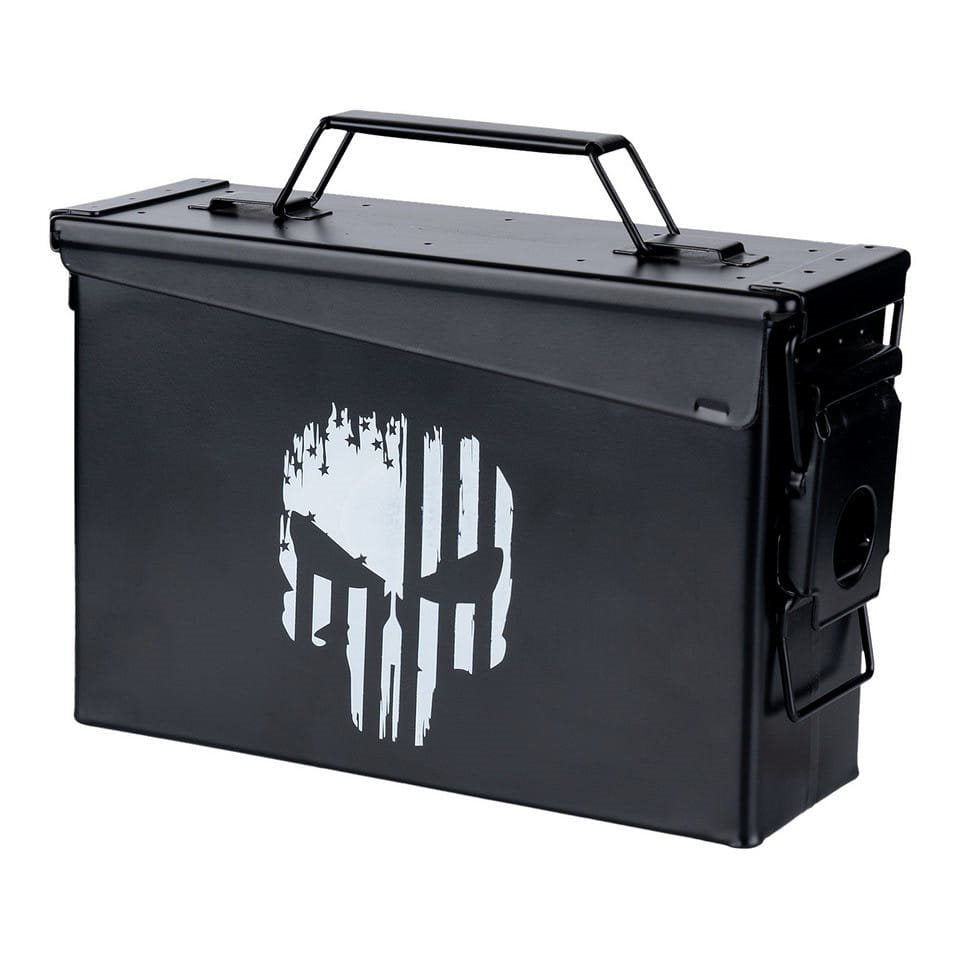 Caja de munición CAL.30 PUNISHER negra, caja metálica de acero con estampado frontal