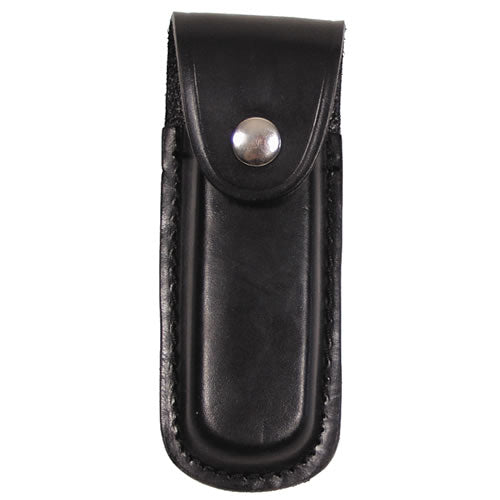 Funda de cuero negra para navaja plegable; admite navajas hasta 11 cm, cierre de presión y ranuras para cinturon