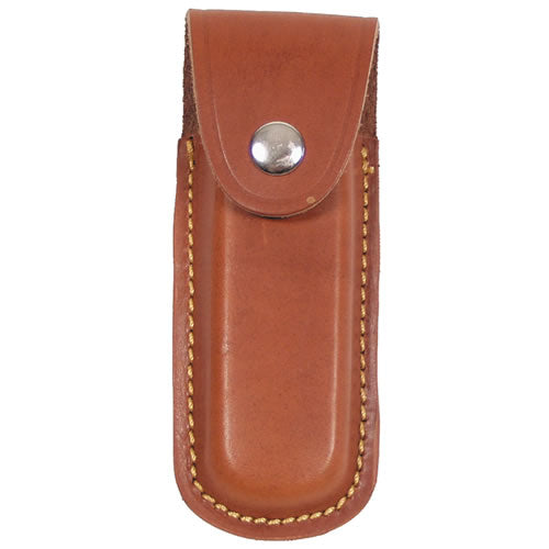 Funda de cuero marrón para navaja 13 cm con cierre a presión y ranuras para cinturón hasta 6 cm