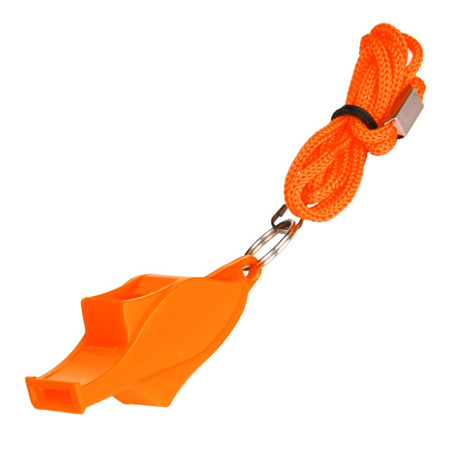 Silbato naranja de tono muy alto con cordón naranja, plástico, ligero y flotante