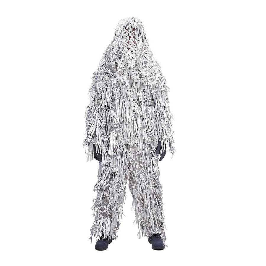 Traje Ghillie JACKAL para nieve, camuflaje 3D, malla ligera y silenciosa, 3 piezas (chaqueta, pantalones, cubre-cabeza)