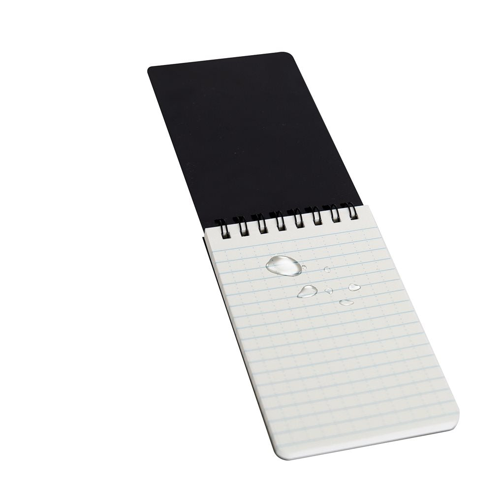 Libreta impermeable negra con encuadernación en PVC y páginas resistentes al agua