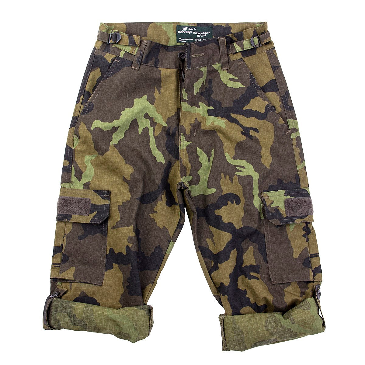Pantalones infantiles rip-stop vz.95 camuflaje bosque, cuatro bolsillos, paneles velcro