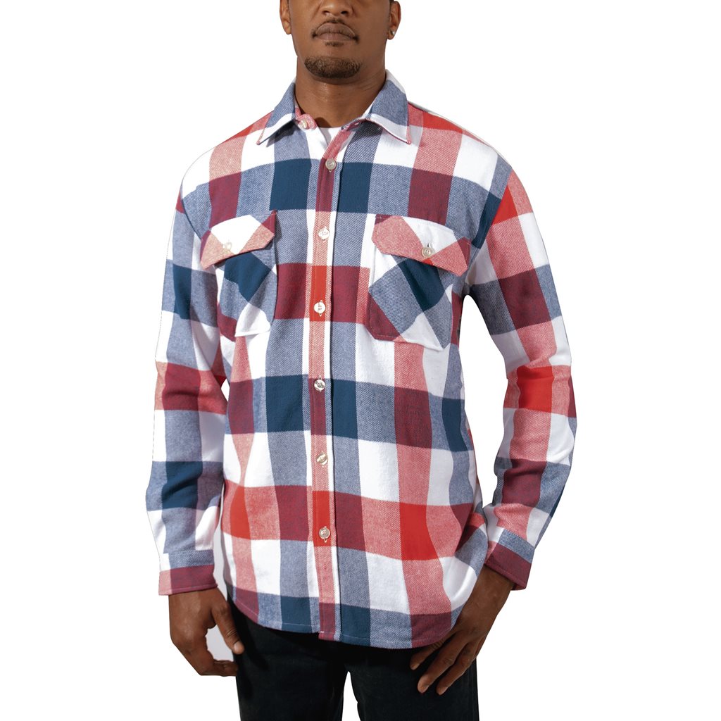 Camisa leñador de franela a cuadros rojo, blanco y azul (vista frontal)