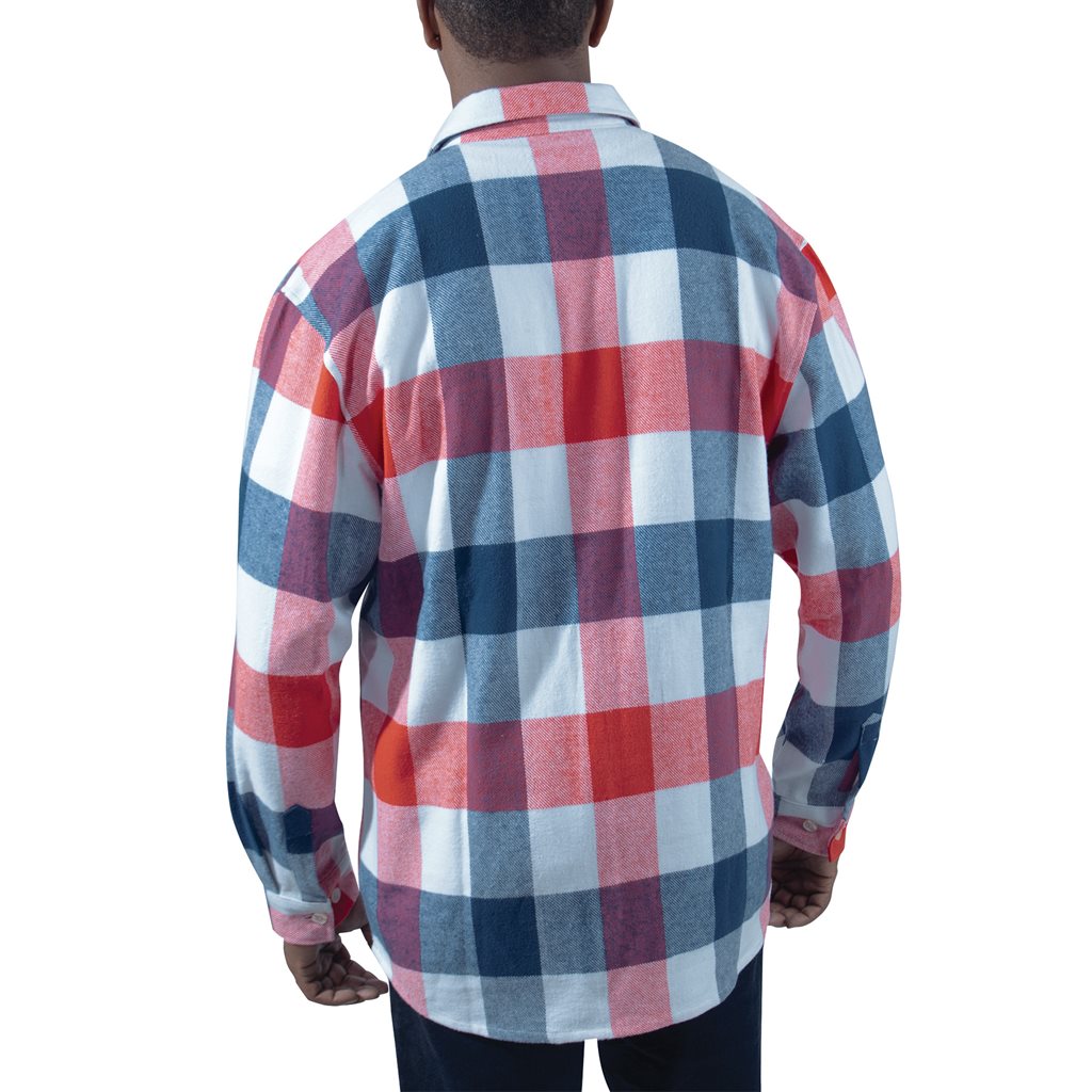 Camisa leñador de franela a cuadros rojo, blanco y azul (vista frontal)