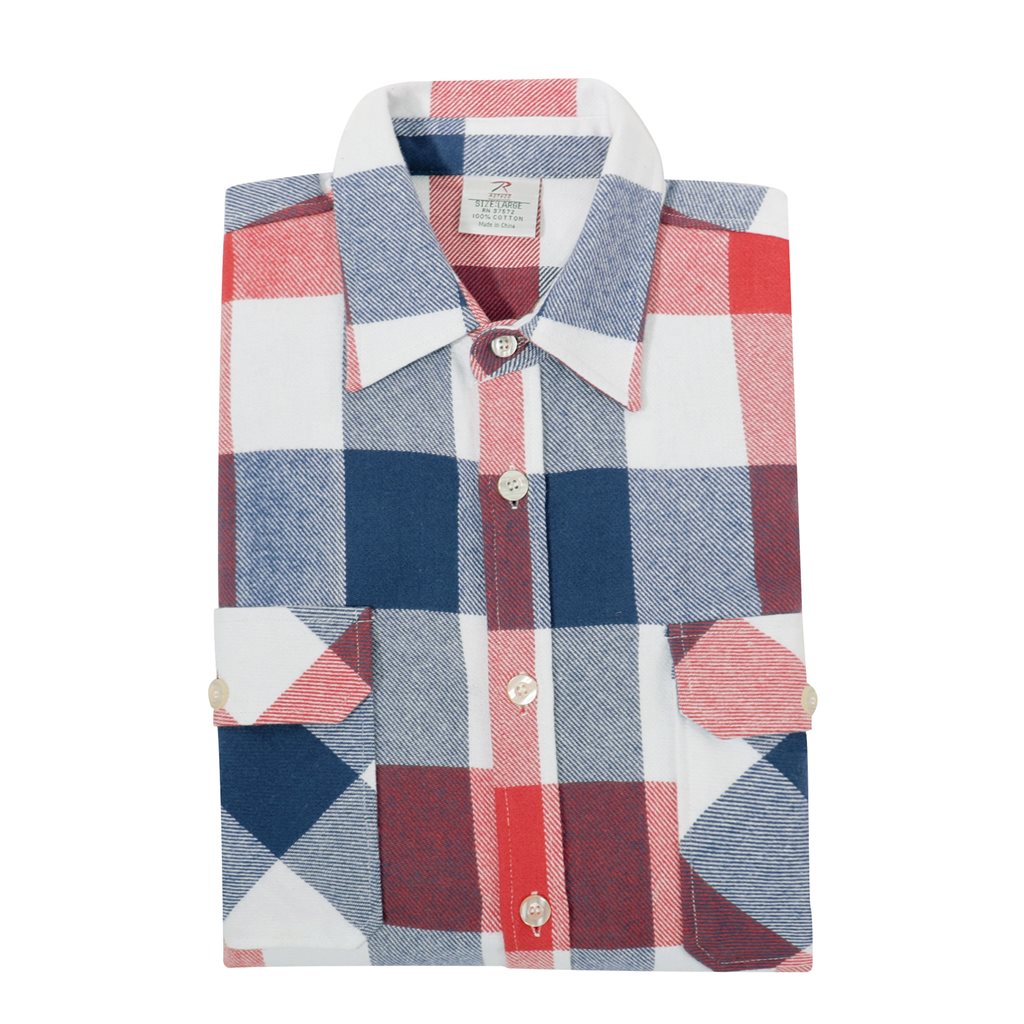 Camisa leñador de franela a cuadros rojo, blanco y azul (vista frontal)