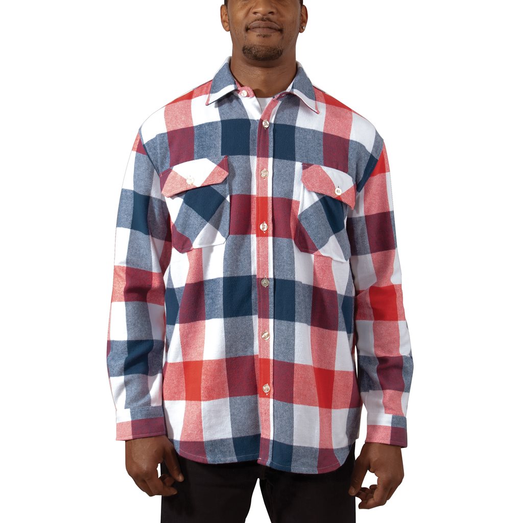 Camisa leñador de franela a cuadros rojo, blanco y azul (vista frontal)
