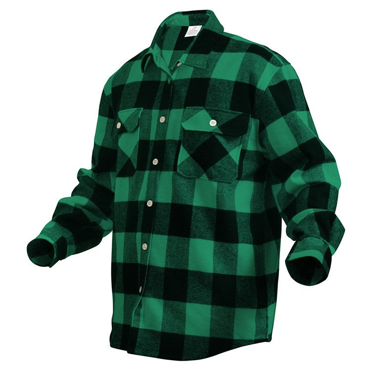 Camisa leñador de franela verde a cuadros, manga larga