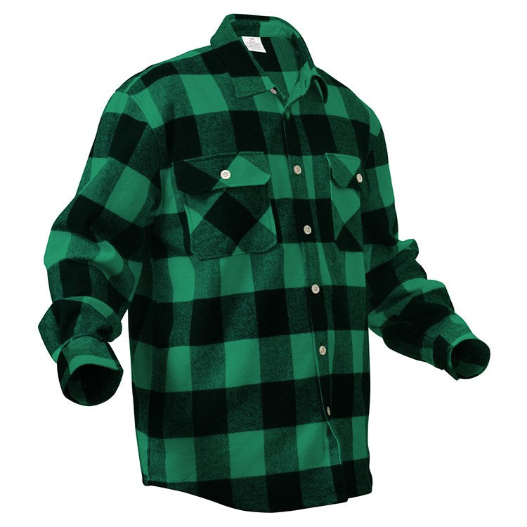 Camisa leñador de franela verde a cuadros, manga larga