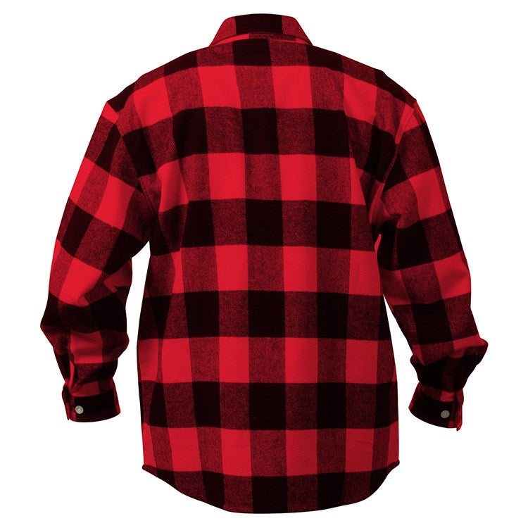 Camisa leñador flannel a cuadros rojos y negros, manga larga, tejido resistente