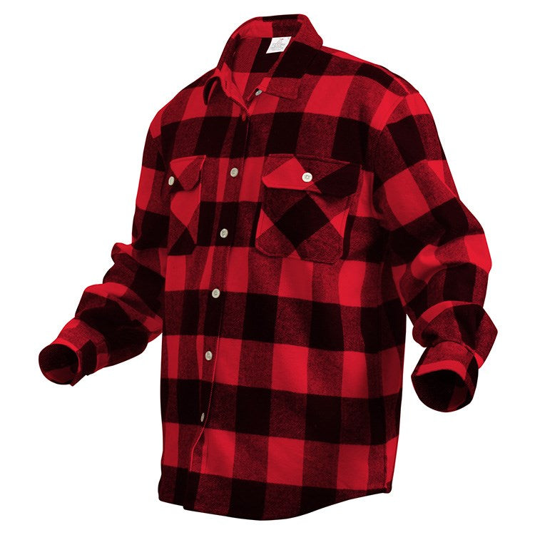 Camisa leñador flannel a cuadros rojos y negros, manga larga, tejido resistente