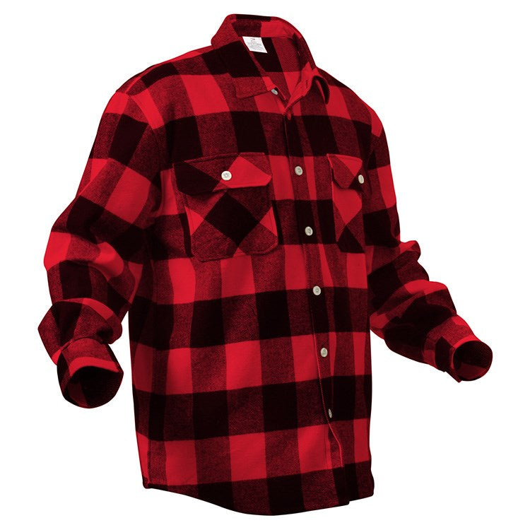Camisa leñador flannel a cuadros rojos y negros, manga larga, tejido resistente