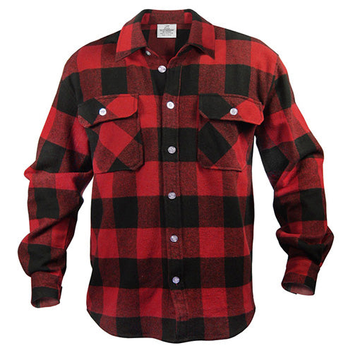 Camisa leñador flannel a cuadros rojos y negros, manga larga, tejido resistente
