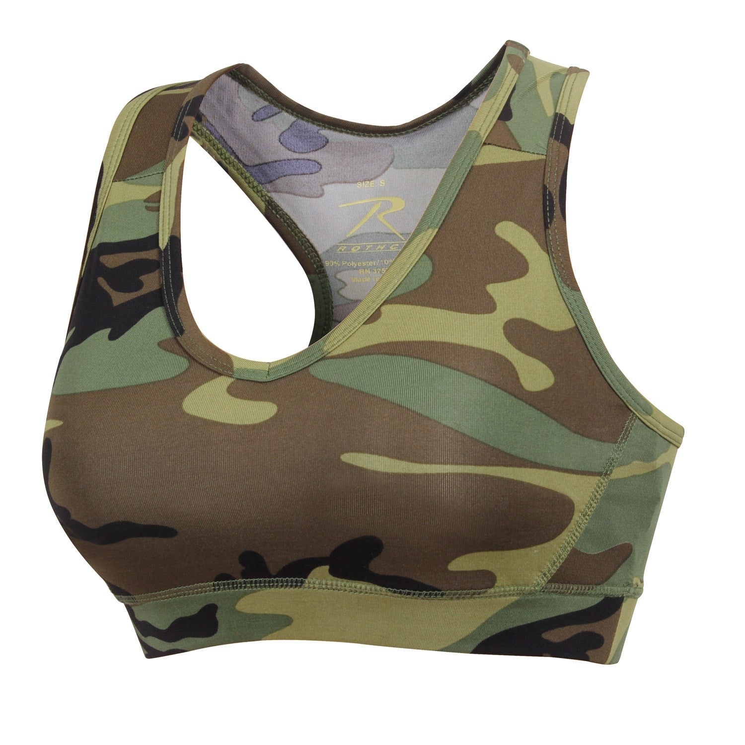 Sujetador deportivo camouflage Woodland, secado rapido, 90% poliester 10% spandex, relleno extraible