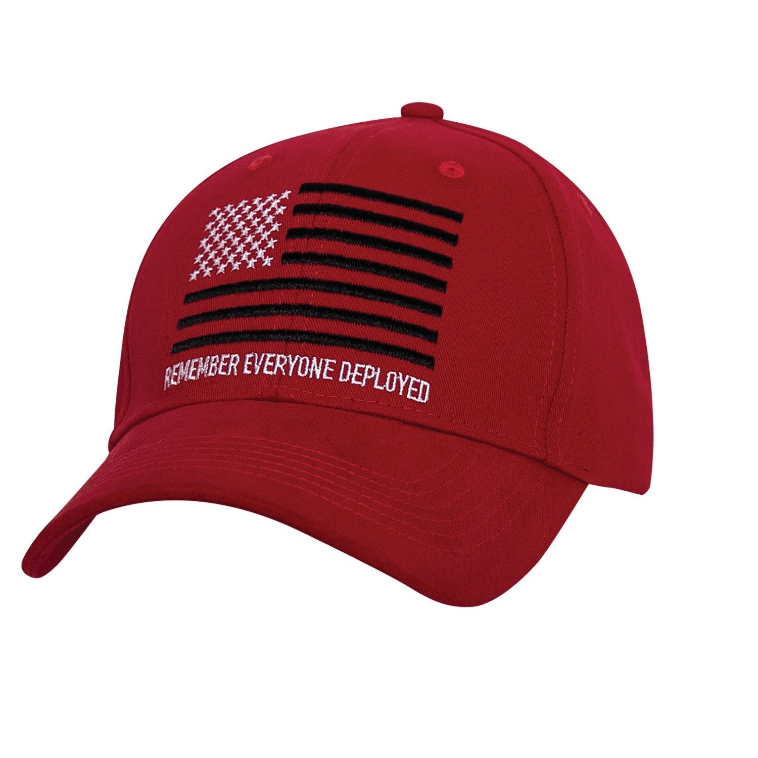 Vista frontal de la Gorra Baseball R.E.D. ajustable en algodón con bandera USA y texto Remember Everyone Deployed, banda interior suave