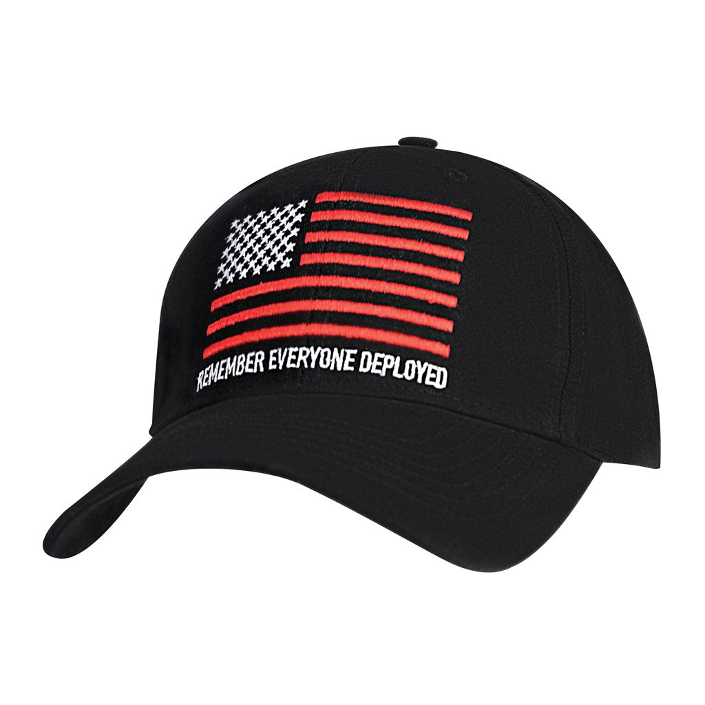 Vista frontal de la Gorra Baseball R.E.D. ajustable en algodón con bandera USA y texto Remember Everyone Deployed, banda interior suave