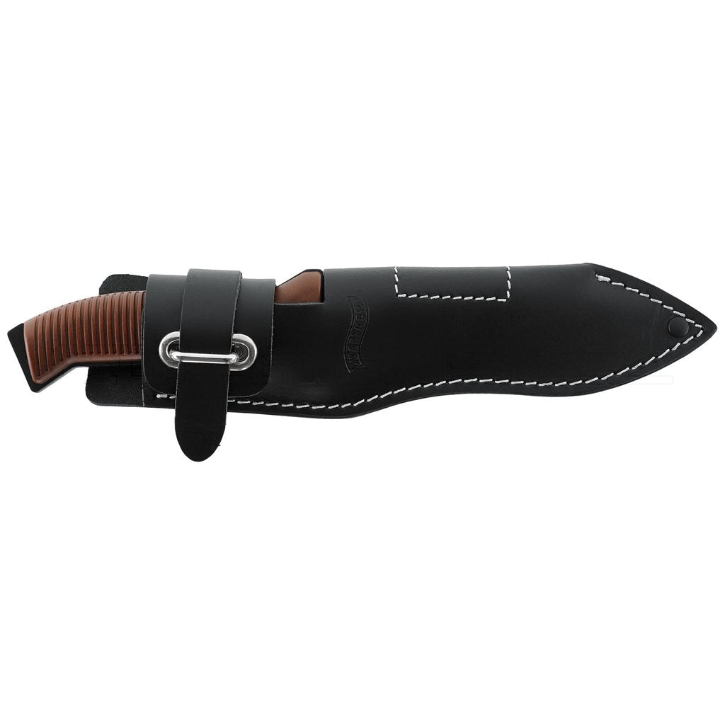 Cuchillo Walther P38 con funda de cuero, hoja negra, 260 mm, 286 g
