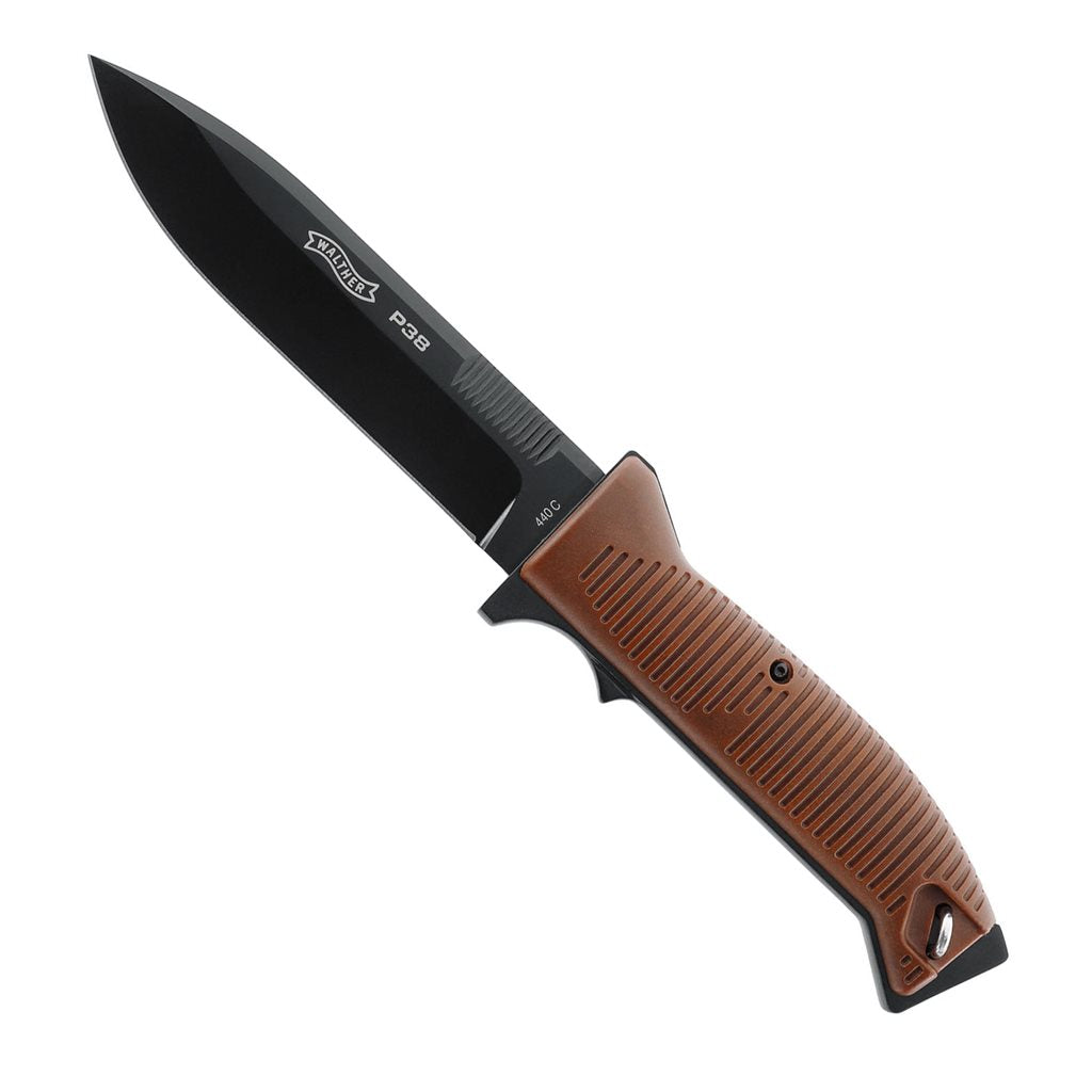 Cuchillo Walther P38 con funda de cuero, hoja negra, 260 mm, 286 g