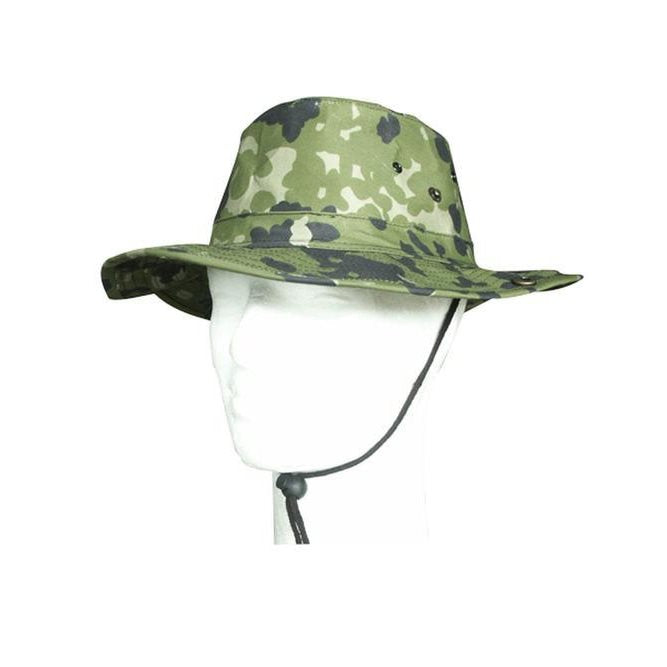 Sombrero BUSH con estampado Danish Tarn, ala ancha (≈7 cm), cordón de barbilla y orificios de ventilación