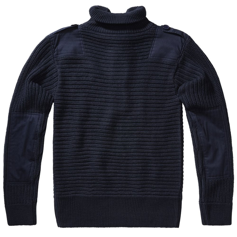 Jersey Alpine azul con refuerzos en codos y hombros, estilo suéter militar austriaco