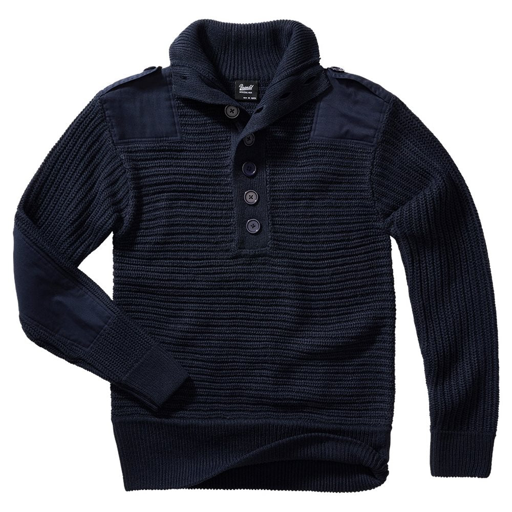 Jersey Alpine azul con refuerzos en codos y hombros, estilo suéter militar austriaco