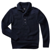 Jersey Alpine azul con refuerzos en codos y hombros, estilo suéter militar austriaco